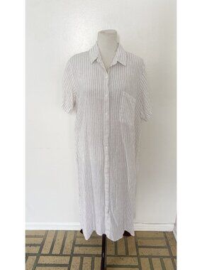 Eileen Fisher Short Sleeve Linen Striped Dress Button Down